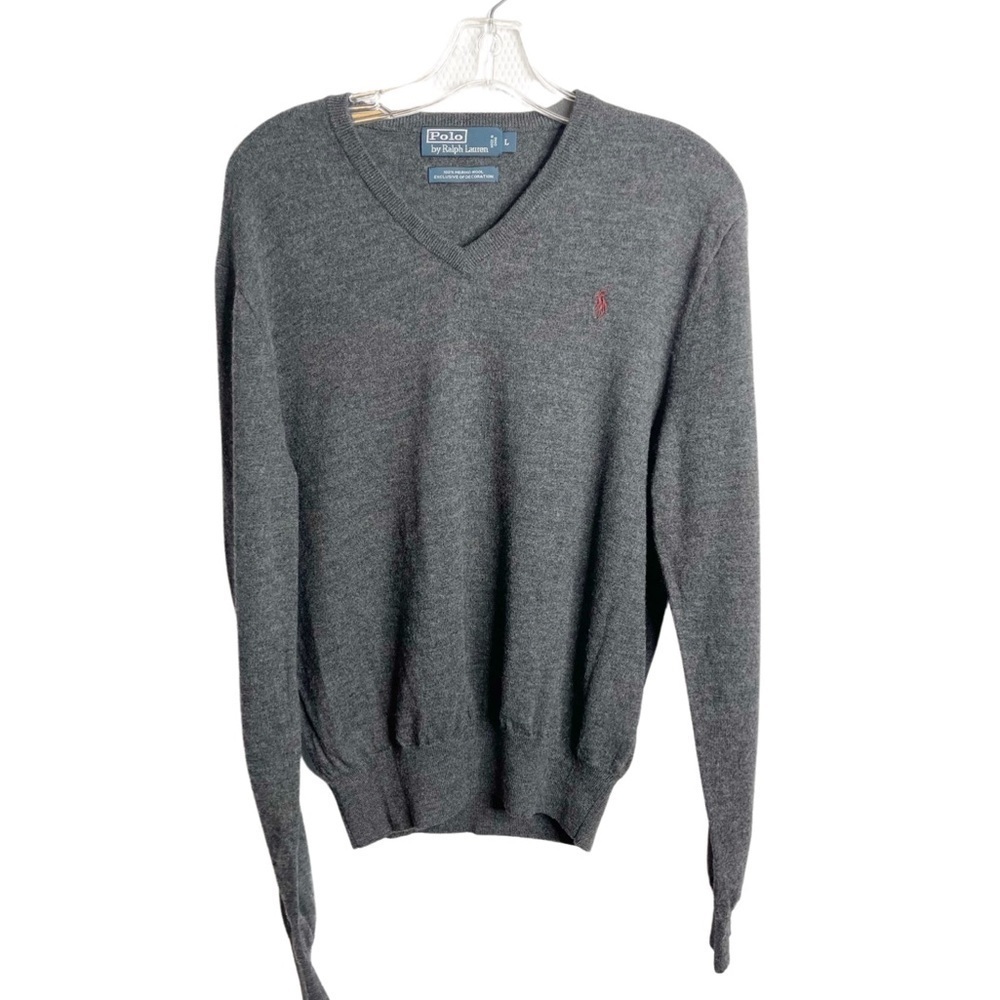 Polo by Ralph Lauren women Large or men Med v-neck Marino wool gray sweater